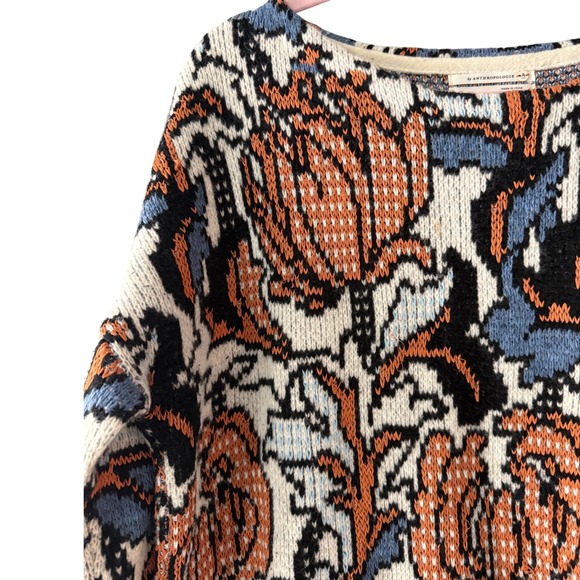 Anthropologie Eris Floral Sweater in Blue Lambswool Cashmere Medium Oversized - Picture 4 of 10